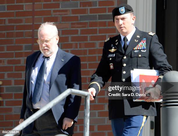 Attorneys to U.S. Army Sgt. Robert Bowdrie 'Bowe' Bergdahl, Army Lt. Col. Franklin D. Rosenblatt and Eugene R. Fidell leave the Ft. Bragg military...