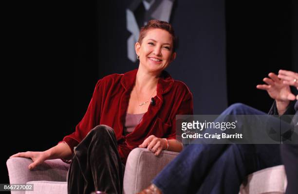Kate Hudson speaks onstage for Listen To Your Customers: Lessons From Fabletics' Kate Hudson and Walmart.com's Marc Lore during Fast Company...