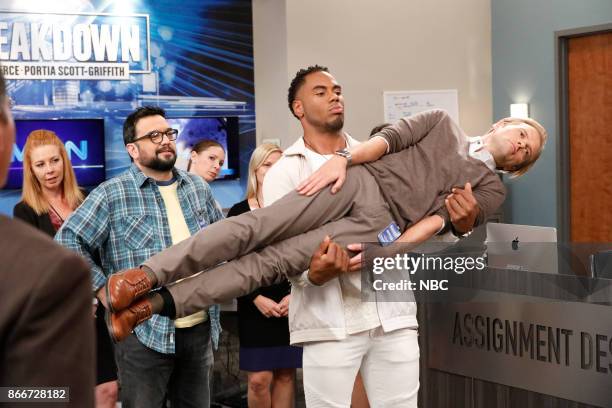 Pool Show" Episode 204 -- Pictured: Horatio Sanz as Justin, Rashad Jennings as Carvell, Adam Campbell as Greg --