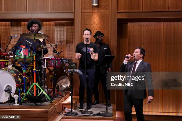 Episode 0760 -- Pictured: Ahmir "Questlove" Thompson with Lin-Manuel Miranda, Tariq ?Black Thought? Trotter and host Jimmy Fallon during "Freestylin'...