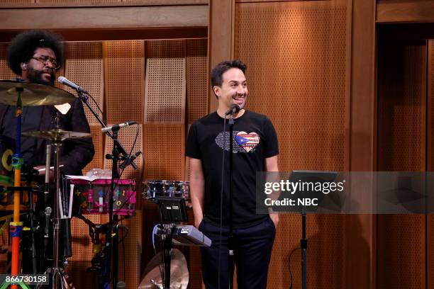 Episode 0760 -- Pictured: Ahmir "Questlove" Thompson with Lin-Manuel Miranda during "Freestylin' with The Roots" on October 24, 2017 --