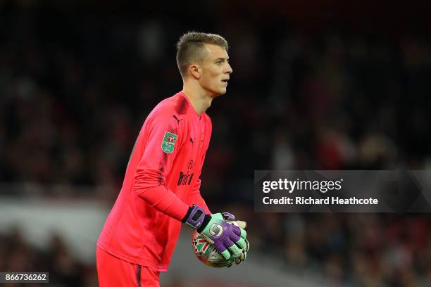 Matt Macey of Arsenal in action during the Carabao Cup Fourth Round match between Arsenal and Norwich City at Emirates Stadium on October 24, 2017 in...