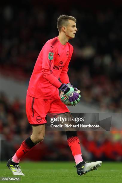Matt Macey of Arsenal in action during the Carabao Cup Fourth Round match between Arsenal and Norwich City at Emirates Stadium on October 24, 2017 in...