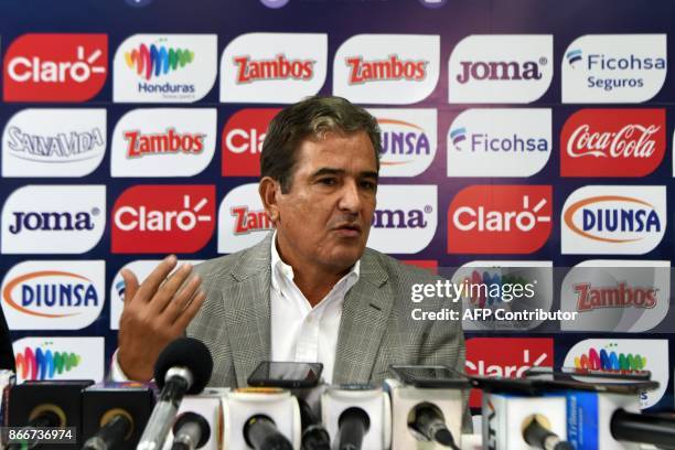 Colombian Jorge Luis Pinto, Honduras' national soccer team coach, gives a press conference to release the list of footballers who will take part in...
