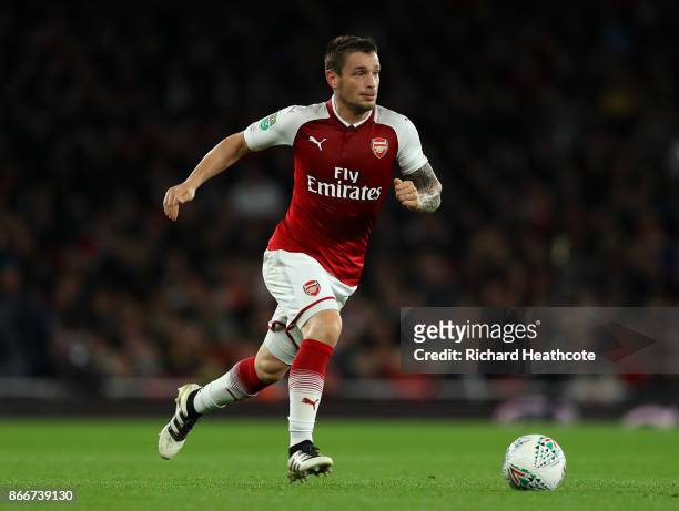Mathieu Debuchy of Arsenal in action during the Carabao Cup Fourth Round match between Arsenal and Norwich City at Emirates Stadium on October 24,...