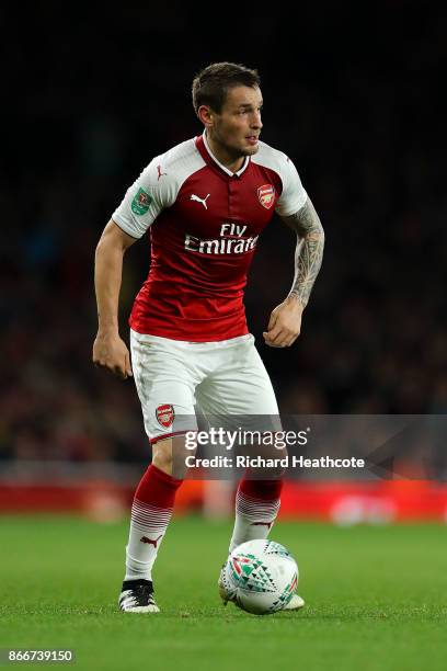 Mathieu Debuchy of Arsenal in action during the Carabao Cup Fourth Round match between Arsenal and Norwich City at Emirates Stadium on October 24,...