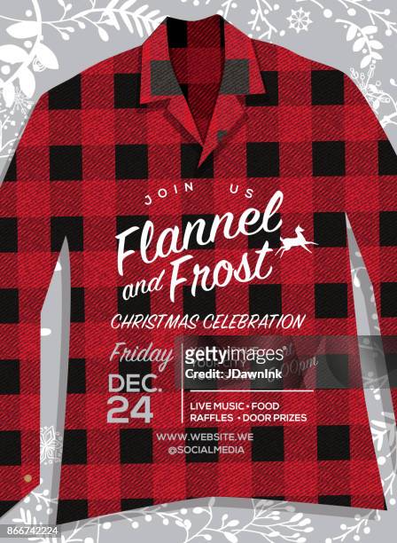 flanell und frost urlaub gruß einladung design-vorlage mit flanellhemd - plaid shirt stock-grafiken, -clipart, -cartoons und -symbole