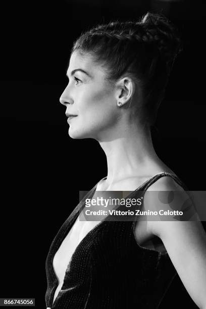 Rosamund Pike walks a red carpet for 'Hostiles' during the 12th Rome Film Fest at Auditorium Parco Della Musica on October 26, 2017 in Rome, Italy. .