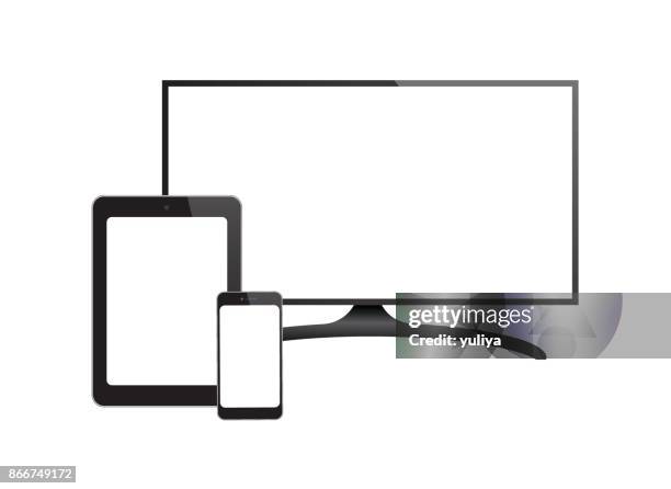 flat screen tv black screen phone tablet - flat screen tv white background stock illustrations