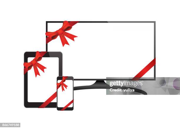 flat screen tv white screen phone tablet with ribbon - projector screen white background stock illustrations