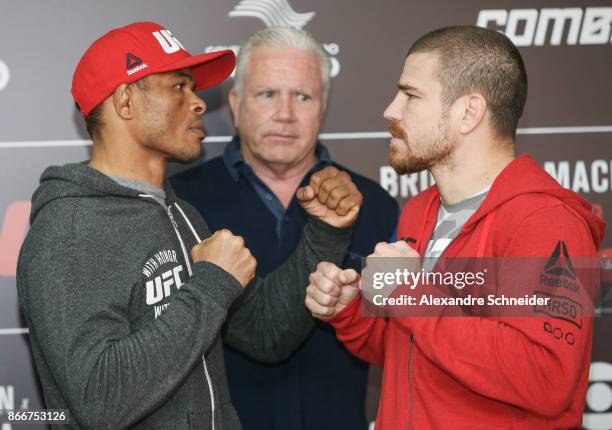 Contenders Francisco Trinaldo and Jim Miller pose for photo during the Ultimate Media Day at the Matsubara Hotel for the UFC Fight Night Sao Paulo on...