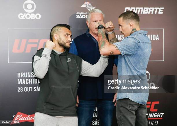 Contenders John Lineker and Marlon Vera pose for photopractices during the Ultimate Media Day at the Matsubara Hotel for the UFC Fight Night Sao...