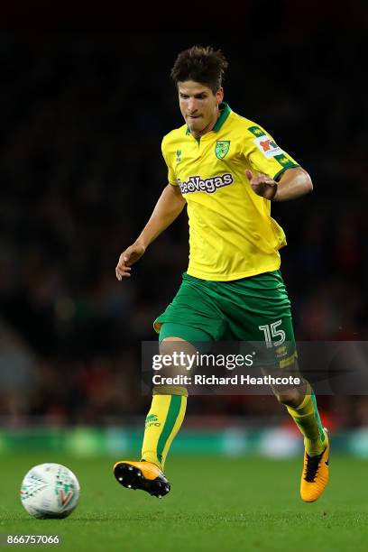 Timm Klose of Norwich in action during the Carabao Cup Fourth Round match between Arsenal and Norwich City at Emirates Stadium on October 24, 2017 in...