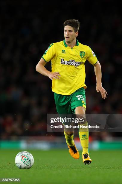 Timm Klose of Norwich in action during the Carabao Cup Fourth Round match between Arsenal and Norwich City at Emirates Stadium on October 24, 2017 in...