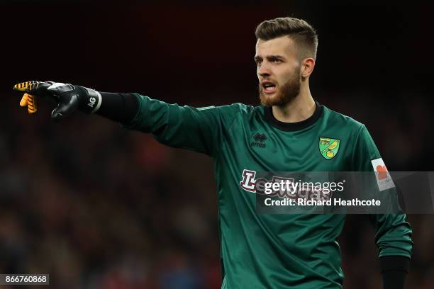 Angus Gunn of Norwich in action during the Carabao Cup Fourth Round match between Arsenal and Norwich City at Emirates Stadium on October 24, 2017 in...