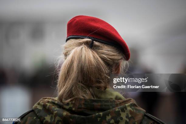 Female soldier is pictured from behind on October 26, 2017 in Schnoeggersburg, Germany.