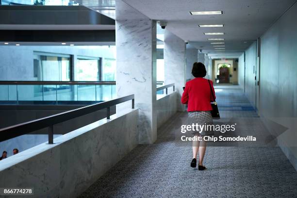 Senate Intelligence Committee member Sen. Susan Collins leaves a classified hearing at the Hart Senate Office Building on Capitol Hill October 26,...