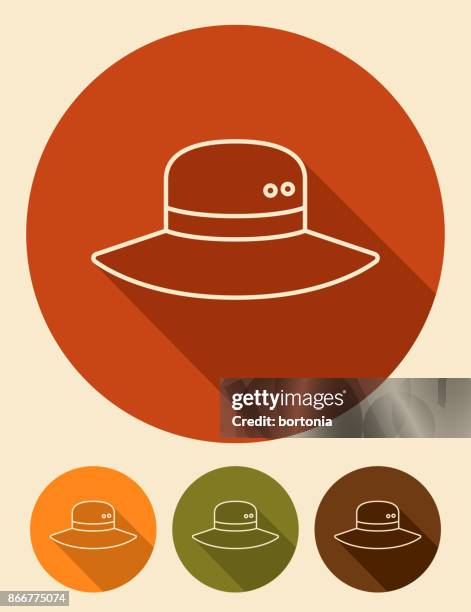 flat design thin line camping hat icon with side shadow - white hat fashion item stock illustrations