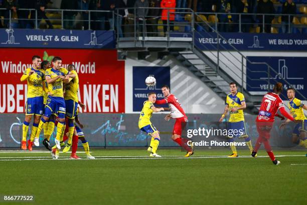 Fabrice Olinga forward of Royal Excel Mouscron pictured during the Jupiler Pro League match between STVV and Excelsior Mouscron at the Stayen Stadium...