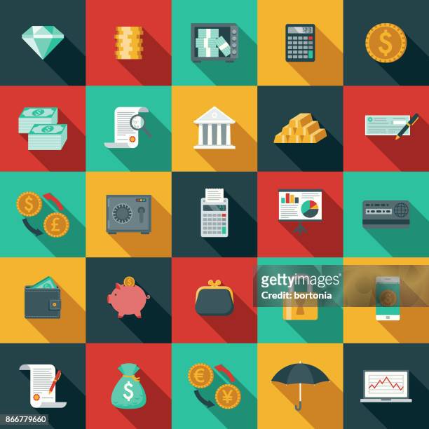 stockillustraties, clipart, cartoons en iconen met platte ontwerp bankwezen en financiën icon set met kant schaduw - color image