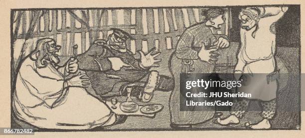 Cartoon from the Russian satirical journal Na Rasputi depicting a woman with keys hanging around her waist, likely a landlady or innkeeper, talking...