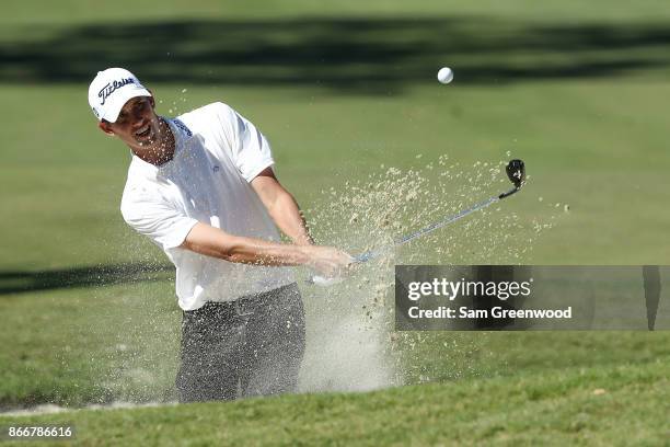 Chesson Hadley plays a shot from a bunker on the 14th hole during the First Round of the Sanderson Farms Championship at the Country Club of Jackson...