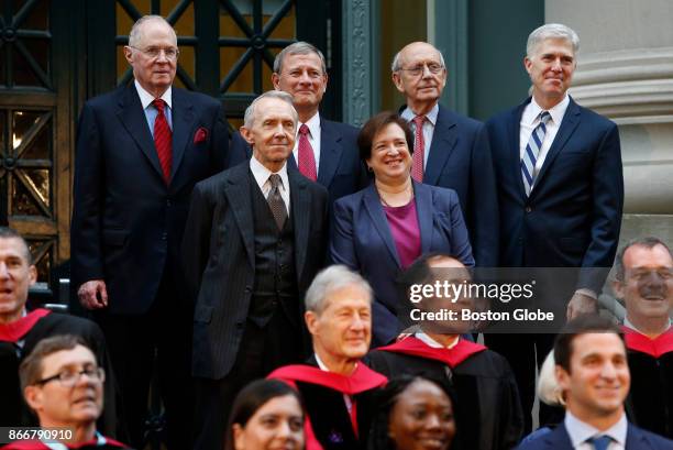 Top row, from left, Supreme Court Justices Anthony Kennedy, John Roberts, Stephen Breyer, Neil Gorsuch and, bottom row, from left, Retired Supreme...