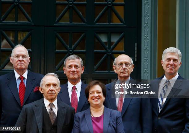 Top row, from left, Supreme Court Justices Anthony Kennedy, John Roberts, Stephen Breyer, Neil Gorsuch and, bottom row, from left, Retired Supreme...