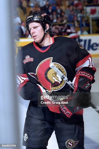 Daniel Alfredsson of the Ottawa Senators skates against the Toronto Maple Leafs during NHL game action on December 5, 1995 at Maple Leaf Gardens in...