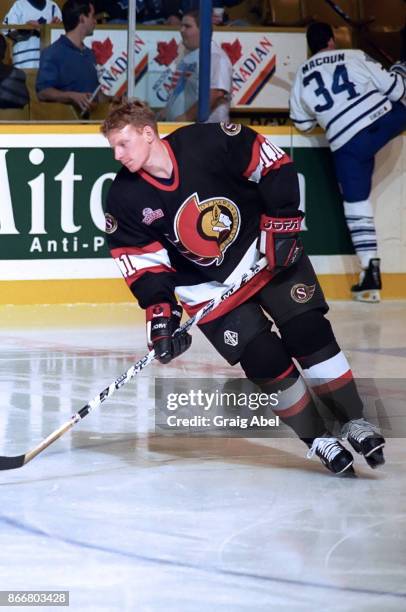 Daniel Alfredsson of the Ottawa Senators skates against the Toronto Maple Leafs during NHL game action on December 5, 1995 at Maple Leaf Gardens in...