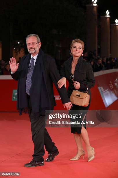 Roberto Zaccaria and Monica Guerritore walk a red carpet for Hostiles during the 12th Rome Film Fest at Auditorium Parco Della Musica on October 26,...