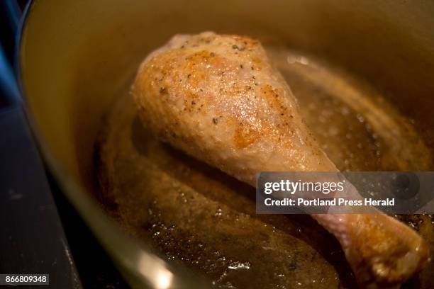 Brown the turkey leg on all sides to add some color before braising.