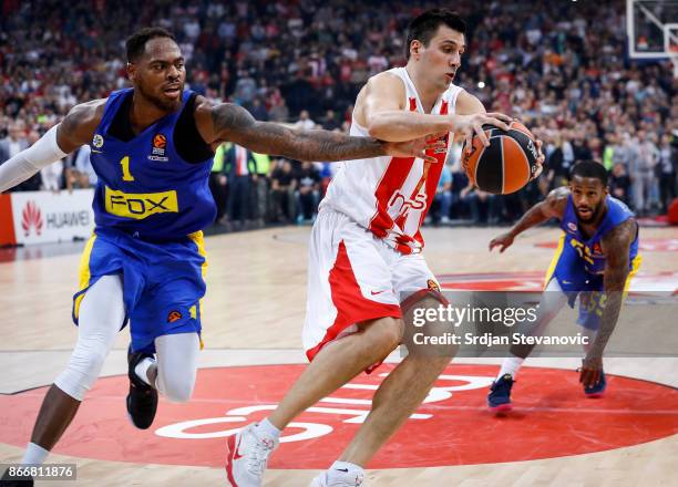 Milko Bjelica of Crvena Zvezda in action against Deshaun Thomas of Maccabi during the 2017/2018 Turkish Airlines EuroLeague Regular Season game...