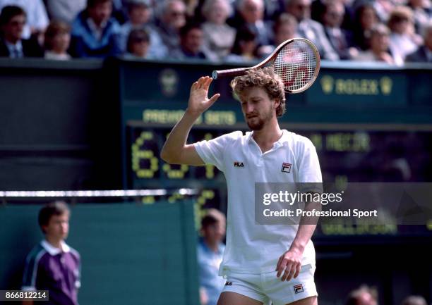 Miloslav Mecir of Czechoslovakia reacts during his First Round match against Tom Gullikson of the USA in the Wimbledon Lawn Tennis Championships at...