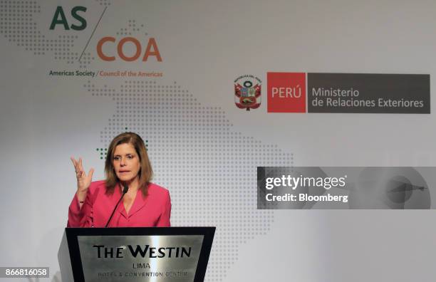 Mercedes Araoz, Peru's prime minister, speaks during the Americas Society/Council of the Americas 2017 Latin American Cities Conference in Lima,...