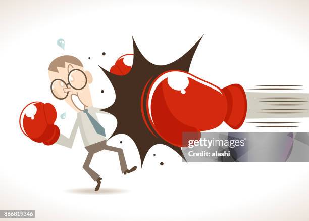 ilustrações, clipart, desenhos animados e ícones de boxer de empresário derrotado sendo atingido por uma enorme luva de boxe - boxer rebellion stock illustrations