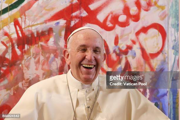 Pope Francis smiles as he attends a visit to the Scholas Occurrentes Foundation on October 26, 2017 in Rome, Italy. Scholas Occurrentes is a...