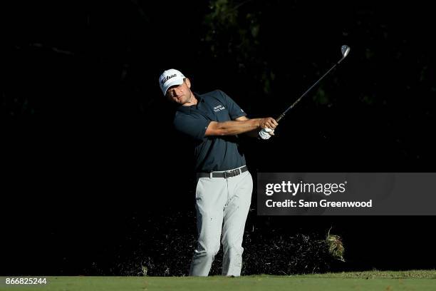 John Merrick plays his second shot plays his shot from the 16th tee during the First Round of the Sanderson Farms Championship at the Country Club of...