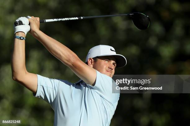 Cody Gribble plays his shot from the 16th tee during the First Round of the Sanderson Farms Championship at the Country Club of Jackson on October...