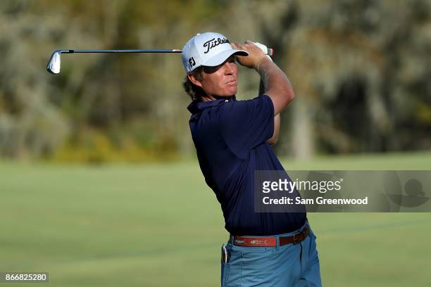 Derek Fathauer plays his second shot on the 16th hole during the First Round of the Sanderson Farms Championship at the Country Club of Jackson on...