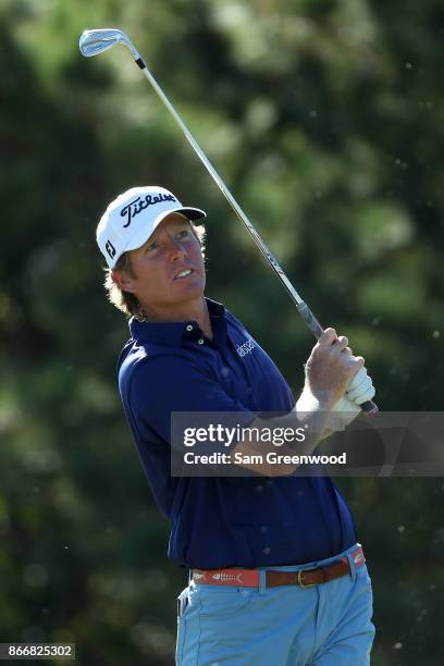 Derek Fathauer plays his shot from the 13th tee during the First Round of the Sanderson Farms Championship at the Country Club of Jackson on October...