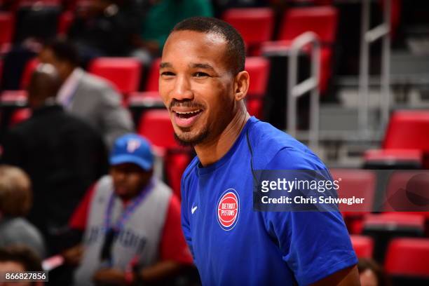 Avery Bradley of the Detroit Pistons reacts before the game against the Minnesota Timberwolves on October 25, 2017 at Little Caesars Arena in...