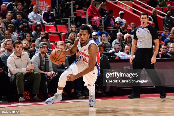 Ish Smith of the Detroit Pistons handles the ball against the Minnesota Timberwolves on October 25, 2017 at Little Caesars Arena in Detroit,...