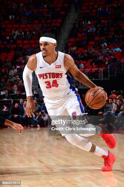 Tobias Harris of the Detroit Pistons handles the ball against the Minnesota Timberwolves on October 25, 2017 at Little Caesars Arena in Detroit,...