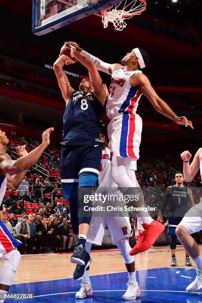 Nemanja Bjelica of the Minnesota Timberwolves drives to the basket against the Detroit Pistons on October 25, 2017 at Little Caesars Arena in...