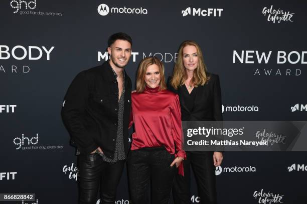 Baptiste Giabiconi, CEO McFIT Models Anja Tillack and model Tatjana Patitz attend the New Body Award By McFit Models on October 26, 2017 in Berlin,...