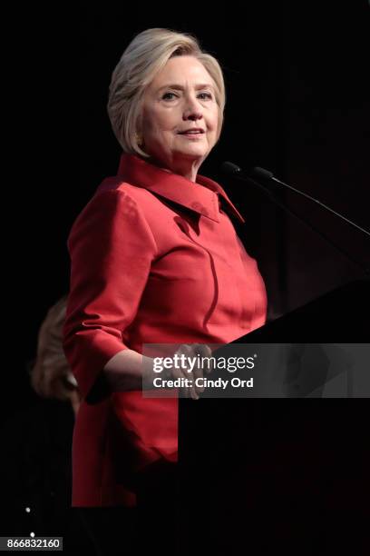 Hillary Rodham Clinton accepts the WMC Wonder Woman Award onstage at the Women's Media Center 2017 Women's Media Awards at Capitale on October 26,...