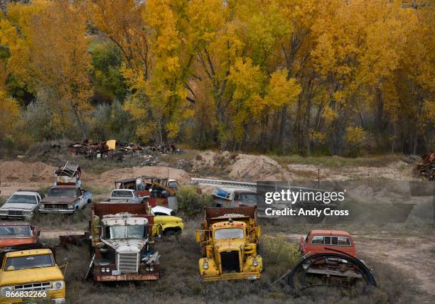 Old rusted trucks and cars mix in with the fall leaves of the Value Auto Mart outside of Naturita Colorado October 19, 2017.