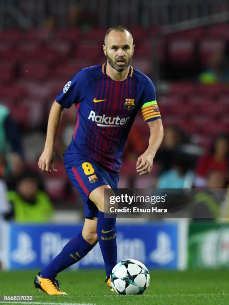 Andres Iniesta of Barcelona in action during the UEFA Champions League group D match between FC Barcelona and Olympiakos Piraeus at Camp Nou on...