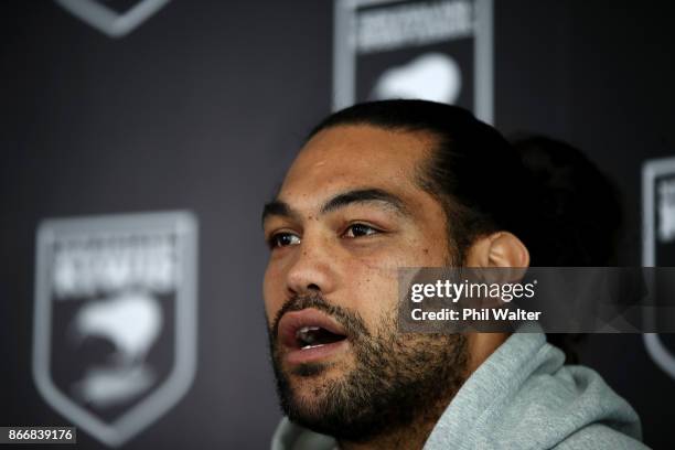 New Zealand Kiwi's Captain Adam Blair speaks during a New Zealand Kiwis Rugby League World Cup Press Conference at the Grand Mercure on October 27,...